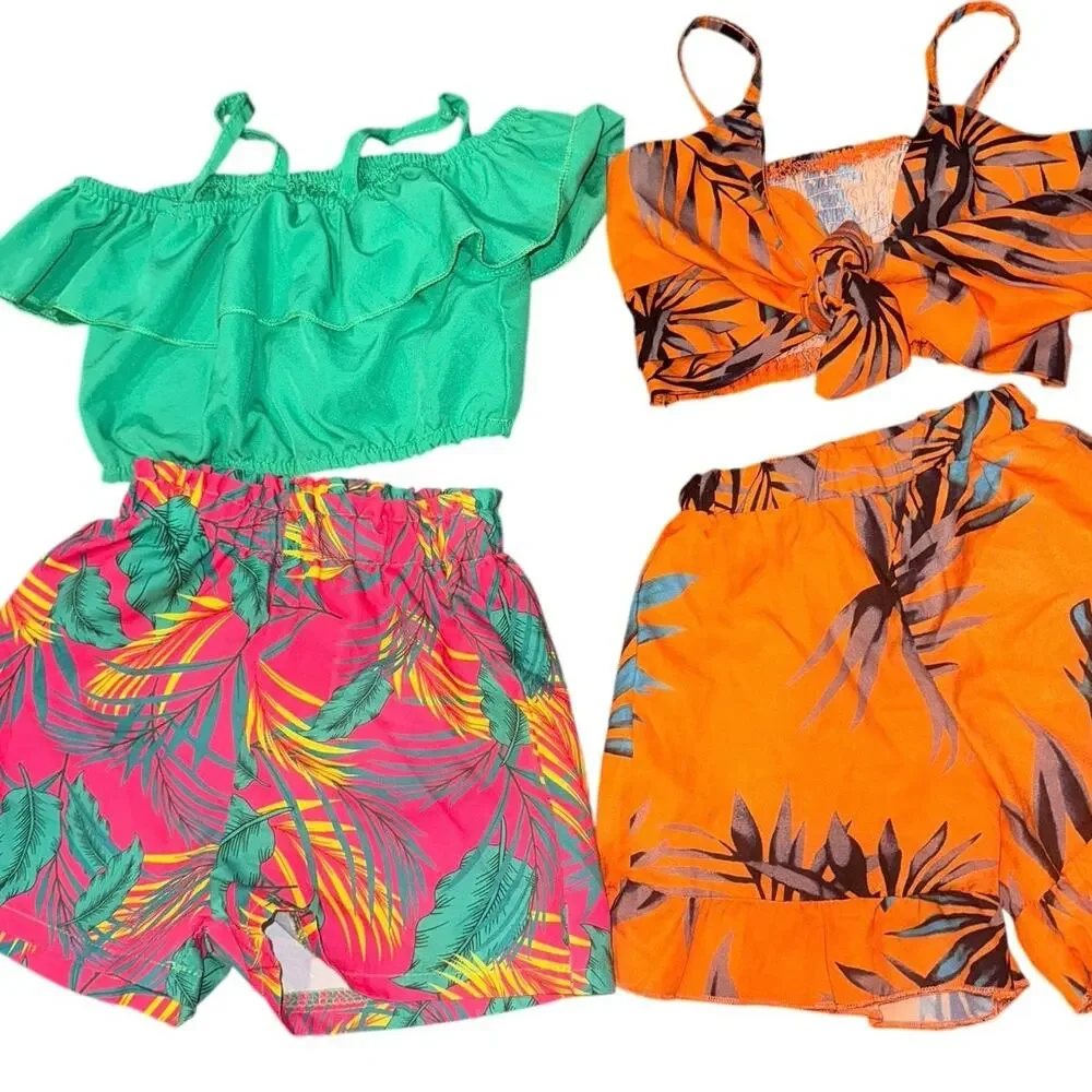 2 Tropical Summer Outfit Sets 12-24M Off Shoulder Crop Top Shorts Bundle